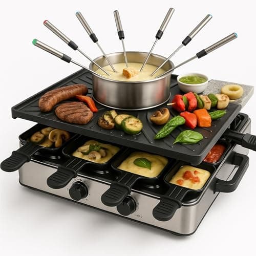 Image of Raclette Fondue Set for 8 People with Pan and Scraper - Rustproof & Adjustable (Fondue Set)