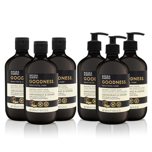 Image of Baylis & Harding Goodness Lemongrass & Ginger Toiletries Bundle: 3 x 500 ml Hand Wash & 3 x 500 ml Bath Soak (6 bottles) - Vegan Friendly
