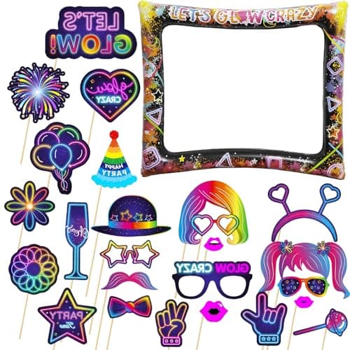 Image of Neon Glow Party Inflatable Selfie Frame With 25Pcs Photo Booth Props - Blow Up Kit for Birthday, Disco, and Glow in The Dark Party Decoration