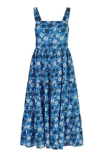 Image of Yumi Blue Floral Cotton Midi Sun Dress, Square Neckline, Strappy Sleeves, 106cm Length (UK, Numeric, 12, Regular, Regular, Blue)