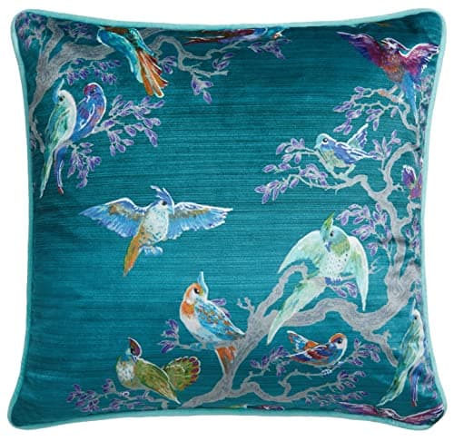 Image of Laurence Llewelyn-Bowen Teal Velvet Scatter – 43x43cm Filled Decorative Pillow – Bird Print Design – Piped Edge – Soft Accent for Sofa or Bed – Birdity Absurdity Collection