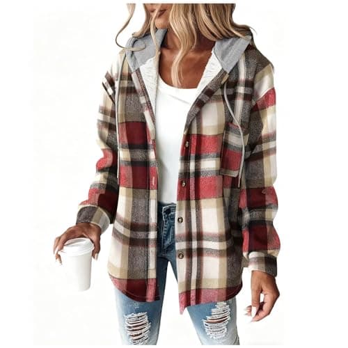 Image of Women's Flannel Jackets Plaid Tartan Check Shirts Hoodies Winter Shacket Coat Long Sleeve Button Down Outdoor Patchwork Wool Blend Autumn Winter Outfits Ladies Lumberjack Jackets