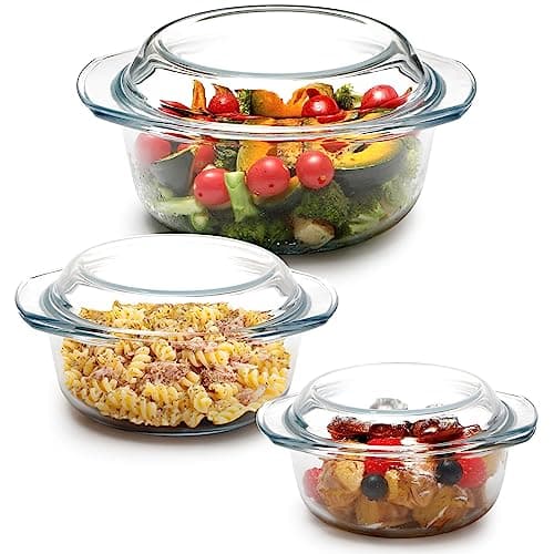 Image of Glass Round Casserole Dish Set - 1L, 1.4L, 1.7L with Lids and Handles
