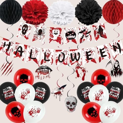 Image of Xunerloy Halloween Party Decorations Set, Black White Red Halloween Hanging Swirl Banner Balloons Honeycomb and Pompoms for Spooky Decorations Indoor Outdoor