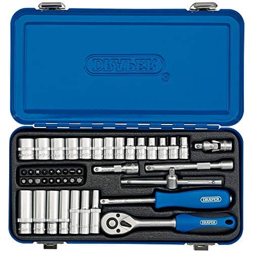Image of Draper 1/4" 45 Piece Square Drive Metric Socket Set | Micrometre Reversible Hand Tool |Soft Grip Ratchet | 12 Metrics Sockets Mechanics Car Tools | Metal Storage Case | Hex Bit Adaptor | 16365