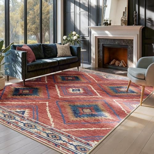 Image of DEFYNEE Machine Washable Large Rugs Living Room, 240x300 cm Non-Slip Area Rugs, Short Pile Red Rug for Bedroom, Hallway, Bedroom, and Kitchen, Office, Red