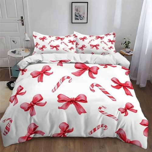 Image of Christmas Style Candy Cane Duvet Cover Super King Animal Bedding for Kids Girls Teens Beautiful Colorful White Bedding Set Comforter Cover Decor Bedding for Adult Men Women 3 Piece