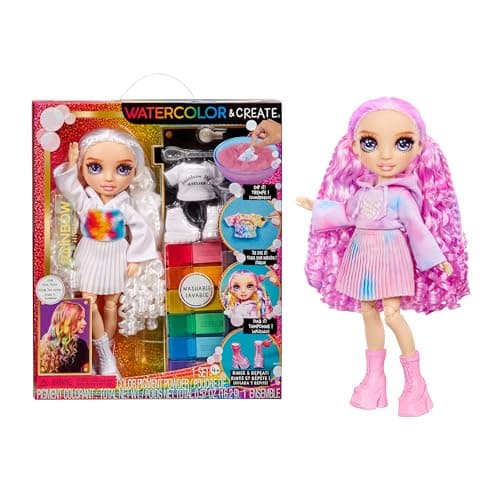 Image of Rainbow High Watercolour & Create DIY Fashion Doll with Washable Watercolours and Tie-Dye Kit - Purple Eyes, Curled Hair, Extra Top & Shoes - Colour, Create, Play, Rinse and Repeat - Kids 4-12+ Years