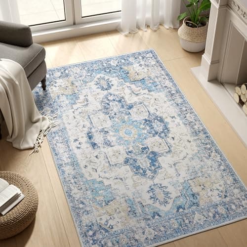 Image of TOPICK Rug 90x150cm Entrance Door mat Vintage Blue Washable Soft Rug Non Slip Lightweight Carept for Living Room Bedroom Bathroom