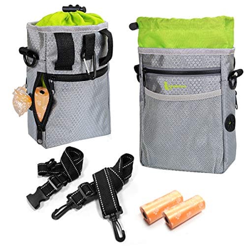 Image of lanktoo Dog Treat Pouch Bag with Poop Bag Holder, Waterproof Puppy Training Walking Bag W/Shoulder Strap, Waist Belt and Clip, Easily Carrying Dog Toys, Food (Grey+Green)(Grey+Green)