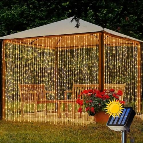 Image of Solar Powered Curtain Lights, 3M x 2M 200 LED High Brightness Curtain Lights, 8 Lighting Modes, Energy-Saving and IP65 Waterproof String Lights