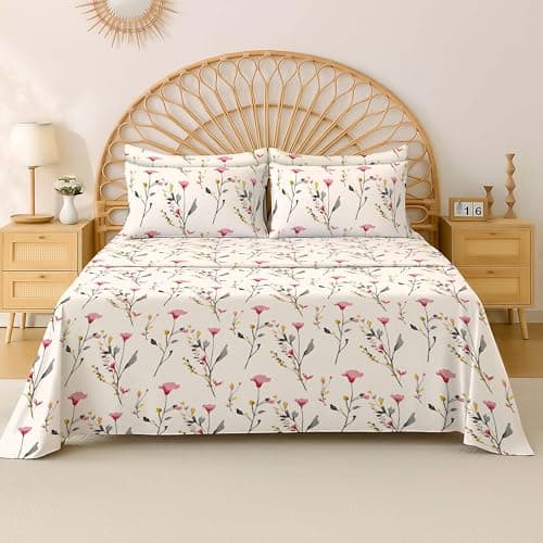 Image of EverSoft Bedding 100% Egyptian Cotton King Size Flat Sheet, 400 Thread Count Cooling Soft Bed Sheet, Elegant Floral Flower Print Top Sheet for King Bed - Bloom Pink