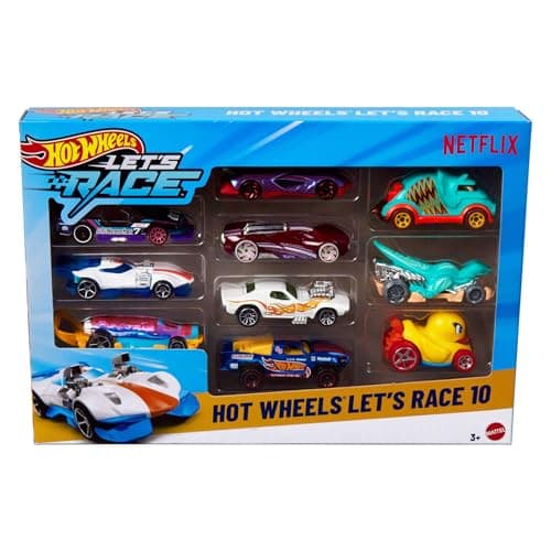 Image of Hot Wheels Toy Cars & Trucks, Let’s Race 10-Pack, Set of 10 1:64 Scale Vehicles from the Animated Netflix Show for Play or Display (Styles May Vary), JGN40