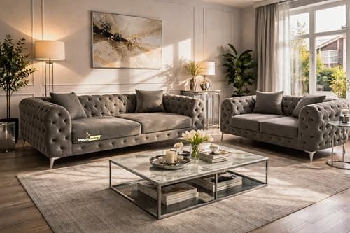 Image of Snooze Velvet Monaco 3 and 2 Seater Sofa Sets, Corner Sofas For Living Room, Upholstered Plush Fabric 3 Seater Sofas (Coffee Grey Velvet, 3+2 Seater)
