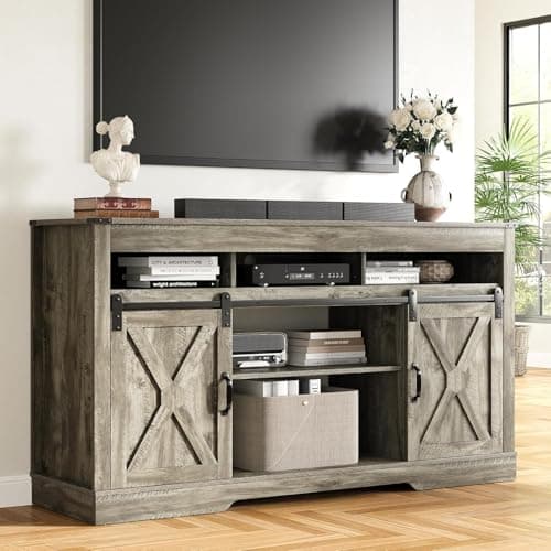 Image of SUNVIVI TV Stand Cabinet for TVs up to 65 Inch, Farmhouse Entertainment Center with Sliding Barn Doors, 147cm Media Console Table with Large Storage & Adjustable Shelves for Living Room(Grey)