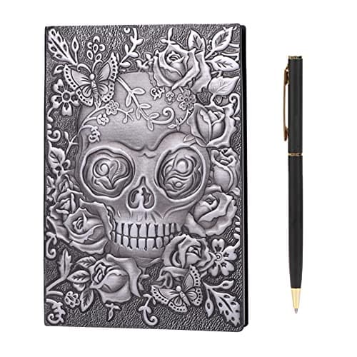 Image of IBLUELOVER Vintage Leather Journal Embossed Notebook A5 Handmade Travel Diary with Pen,Skull Retro Writing Notebook with Lined Paper, 200 Pages/100Sheets