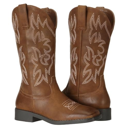 Image of SheSole Womens Cowboy Boots Square Toe Mid Wide Calf Ladies Cowgirl Boots Tan UK SIZE 3