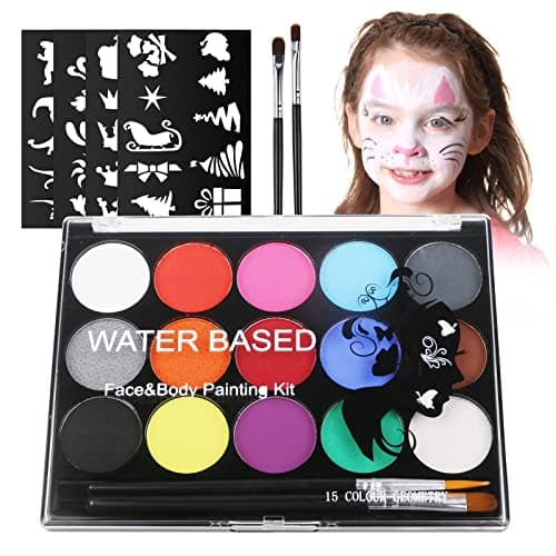Image of URAQT Face Paint, 15 Color Face Painting Palette with 2 Brushes 32 Stencils, Washable Face Paints Safe Body Paint for Adults Kids Halloween Carnival, Makeup Paint Non-Toxic to Use