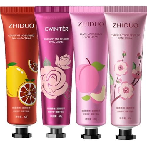 Image of Hand Cream Gift Set, 4 X 30g Hand Cream Gift Sets for Very Dry Hands, Non-greasy Moisturizing Fruit Flowers Fragrance Hand Care Lotion Multipack Gift Set(Rose, Grapefruit, Cherry Blossom, Peach)