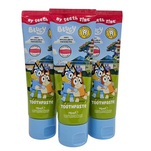 Image of Kids Bluey Toothpaste: Fluoride Protection, Strawberry Flavor, Sugar-Free Formula, 75 ml Tubes (Pack of 3) for Effective Dental Care and Happy Smiles