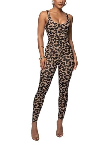 Image of Womens Leopard Print Spaghetti Strap Rompers Jumpsuits Party Club Unitard Bodysuit Playsuit