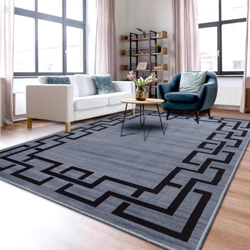 Image of Aspire Homeware Rugs Living room 120 x 170 Anti Slip Greek Key Style Bedroom Rug – Soft Easy to Clean Carpets for Nursery Room Playing mat – Non-Shedding Large Grey Area Rugs for Office (Nico)