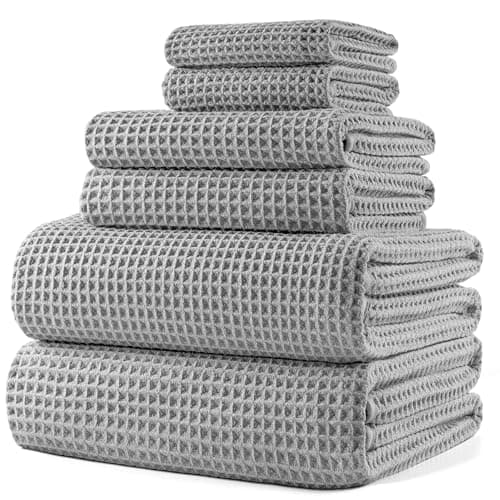 Image of POLYTE 430 gsm Microfibre Quick Dry Lint Free Oversize Bath Towel Set, 6 Piece (Waffle Weave)
