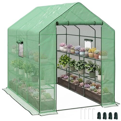 Image of Outsunny Walk-in Greenhouse with 3 Tier 12 Shelves, Small Greenhouse with Reinforced PE Cover, Garden Plant Growhouse with Roll-up Door and Three Mesh Windows, 140 x 213 x 190 cm, Green