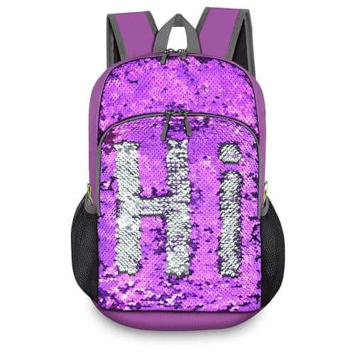 Image of Bekahizar 20L Reversible Sequin Backpack Glittering Bling Mermaid Rucksack Magic Lightweight Foldable Travel Daypack Bag Packable Hiking Camping Cycling Walking (Silver Purple)