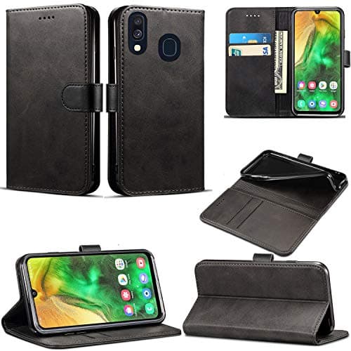 Image of Case Compatible for Samsung Galaxy A20e (5.8 Inch) Leather Magnetic Closure Flip Card Holder Wallet Stand View Protective Cover for Samsung Galaxy A20e (Black)
