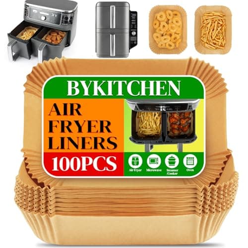 Image of BYKITCHEN 100pcs Air Fryer Liners for Ninja Dual, Air Fryer AF300UK AF400UK Accessories, Disposable Parchment Paper Liner, Compatible with Ninja, Salter, Tower and Other Dual Zone Air Fryer