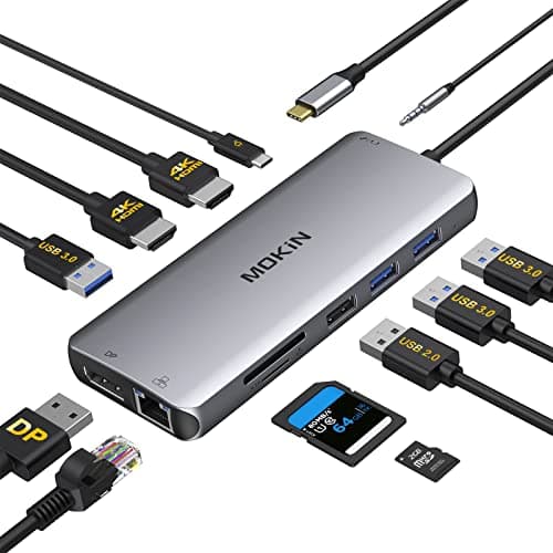 Image of MOKiN USB C Laptop Docking Station Dual Monitor,12 in 1 Triple Display USB-C Hub with 2 HDMI, DisplayPort, 100W PD, 4 USB,Gigabit Ethernet,SD/TF,Audio Port,USBC Hub Multiport Adapter for HP/Dell