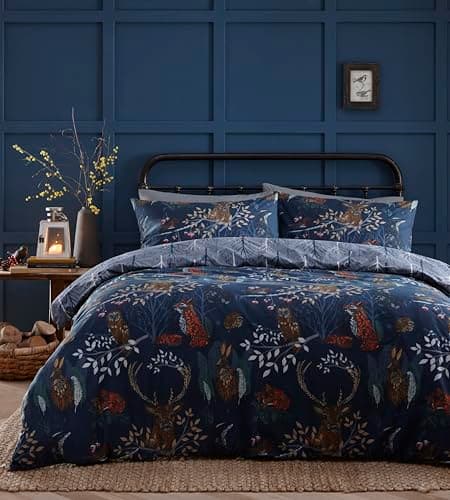 Image of furn. Forest Fauna Woodland Duvet Set – Reversible Nature Inspired Bedding with Animal Print, Soft Polycotton, Machine Washable (Navy – King)