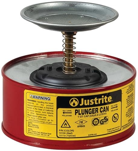 Image of Justrite 10108 Steel Plunger Safety Can with Brass and Ryton Pump Assembly, 1 L Capacity, 7-1/4" OD x 5-7/8" H, Red