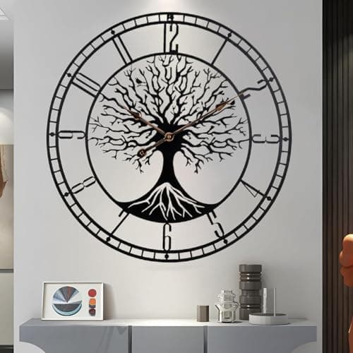 Image of SIN&MI Large Tree of Life Clock Metal Black Wall Art Big Wall Clock Home Decor Living Room Clocks with Numbers Silent Mid-Century Modern Family Tree Clock Wall Summer