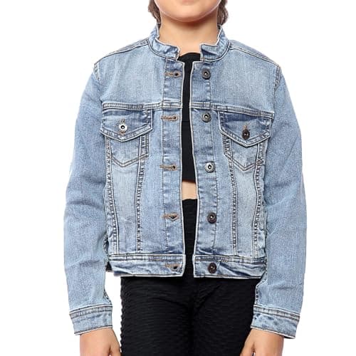 Image of NOROZE Girl's Western Style Jacket Collarless Denim Jacket, Light Blue Washed Jeans Kids Classic Trucker Jacket Denim Biker Casual (9-10 Years, Light Blue)