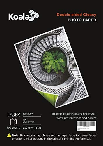 Image of KOALA Double Sided Glossy Laser Photo Paper A4, 250gsm, 100 Sheets. Suitable for Laser Printers, for Printing Photos, Brochures, Covers, Certificates, Booklets, Flyers, Leaflets, Cards, Calendars