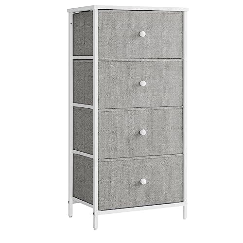 Image of SONGMICS Chest of Drawers Bedroom, Drawer Storage Unit, Dresser with 4 Fabric Drawers, Metal Frame, Tall and Slim, for Closet, Dove Grey and Cream White LTS314L10