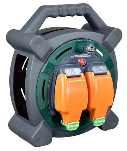 Image of Masterplug Two Socket Retractable Weatherproof Case Reel, Extension Lead Cable Reel, Wind-Up Power Cord Reel, Thermal Cut Out, 20 Metre Cable, Outdoor Power, Grey/Orange, 13A, 2G, 20m, HLP2013/2IP