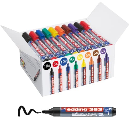 Image of edding 363 whiteboard marker set - multi-coloured - 50 whiteboard pens - chisel tip 1-5 mm - whiteboard pen dry wipe - for whiteboards, flipcharts, magnetic, memo boards - sketchnotes - refillable