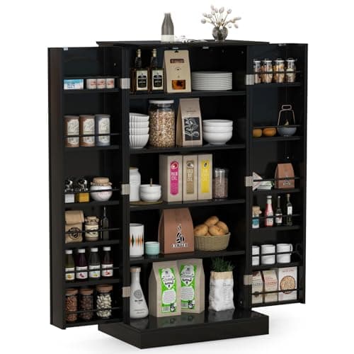Image of COSTWAY Kitchen Cupboard, Buffet Pantry Cabinet with Countertop, Doors, 17 Shelves & Guardrail, Space-saving Storage Organizer for Dining Living Room (Black, 60x40x120cm)