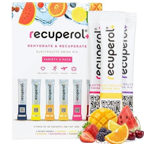 Image of Recuperol Electrolytes Sachets - Rehydration Electrolytes Powder with Zinc, Vitamin C, B12, D3 & Potassium for Hydration - Sugar Free, Vegan & Low Calorie - Variety 8 Pack (6 Natural Flavours)