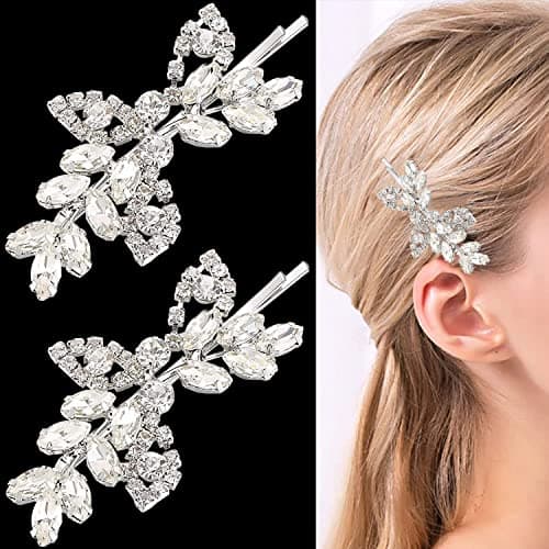 Image of 2 Pieces Rhinestone Bridal Hair Clips Leaf Bridal Wedding Hair Pins Crystal Hair Clips Silver Rhinestone Jewelry Barrette for Brides Bridesmaids Flower Girls