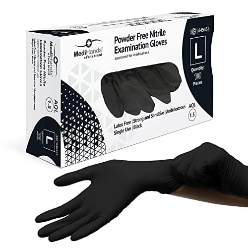 Image of Farla Medical MediHands Disposable Large Nitrile Gloves - Powder Free and Latex Free Surgical Gloves - Multi-Purpose, Single Use Medical Gloves - Box of 100, Black