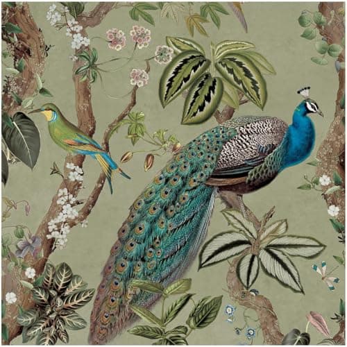 Image of Peacock Woods & Botanical Wallpaper – Sage Green Background with Tropical Leaves, Birds & Floral Detailing – Premium Mural-Style Feature Wall Design for Living Rooms, Bedrooms, Hallways
