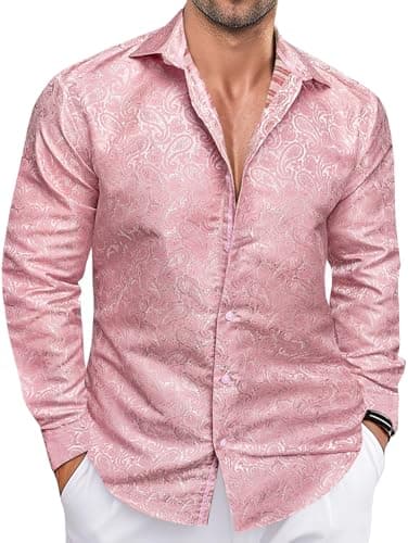 Image of Ailisus Mens Pink Shirts Long Sleeve Button UP Vintage Paisley Floral Silk Shirt Wedding Party Casual Costume Designer XL