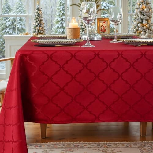 Image of SASTYBALE Christmas Jacquard Tablecloth 132x178 cm Rectangle - Spillproof Wrinkle Resistant Rhombus Patterns for Holiday Parties, Dining & Decor (Red, 4-6 Seats)