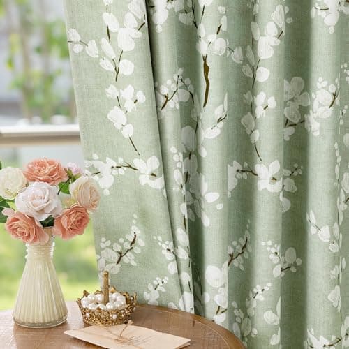 Image of Fmfunctex Green Floral Blackout Curtains for Bedroom 72 inch Drop Eyelet Curtains for Living Room Nursary Blossom Thermal Insulated Window Curtain Panels 2 Panels White on Green
