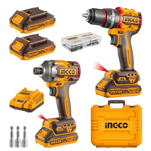 Image of INGCO Impact Driver 285NM and Impact Drill 66NM Twin Pack, 20V Brushless Motor, with 2Pcs 2.0Ah Battery and 1Pcs Charger CKLI20277