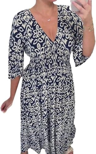 Image of GuyAna V-Neck Floral Dress,Women's Plus-Size Super Fairy V-Neck Floral Dress Beach Holiday Beach Skirt Long Skirt (Cyan,3XL)